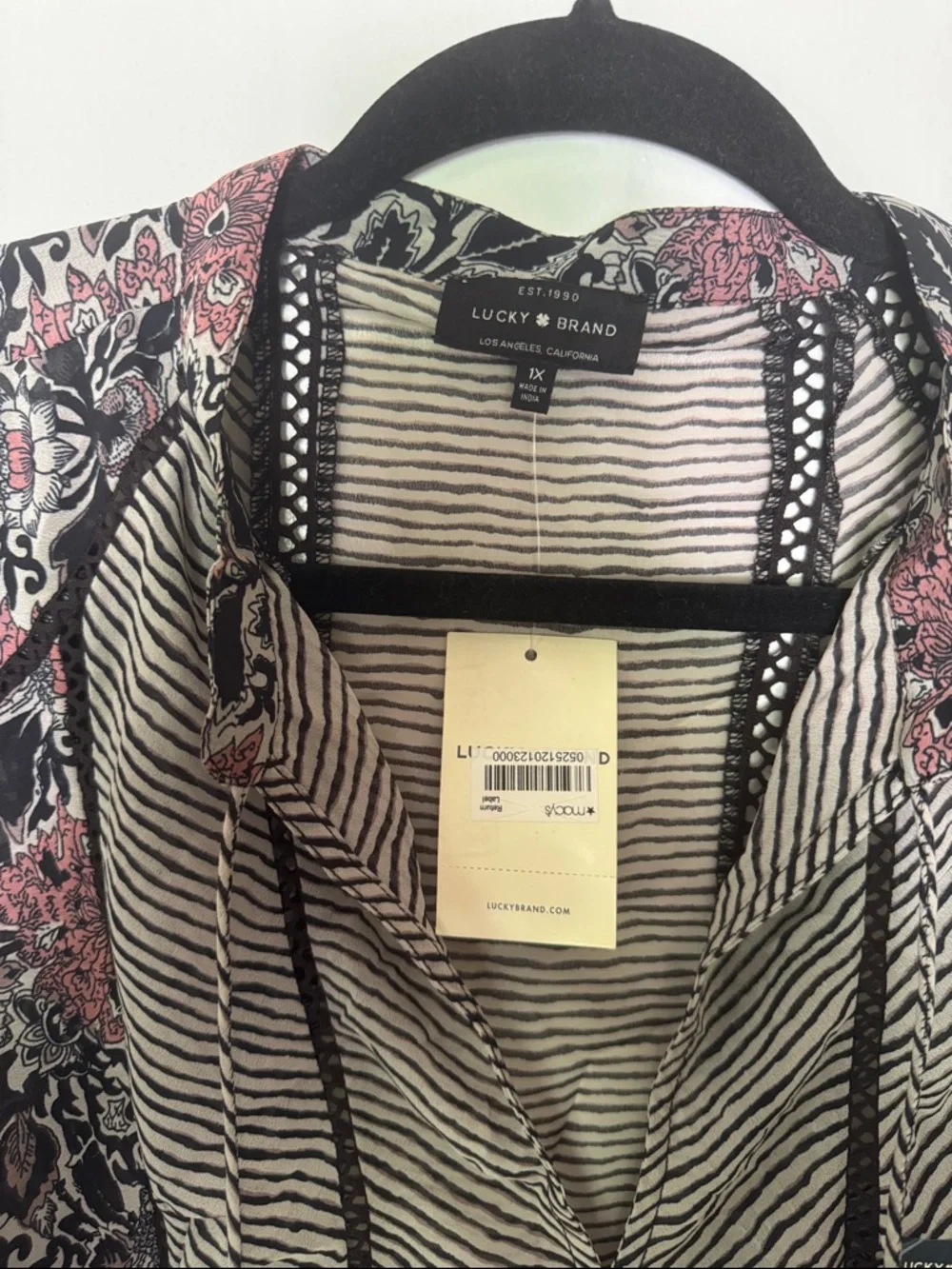 Lucky Brand Striped and Floral Open Front Cardigan in Black, Cream & Pink - Picture 2 of 3